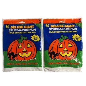 Vintage Giant Stuff-A-Pumpkin Huge Leaf Bag With Black Cat Lot  2 1992 Halloween